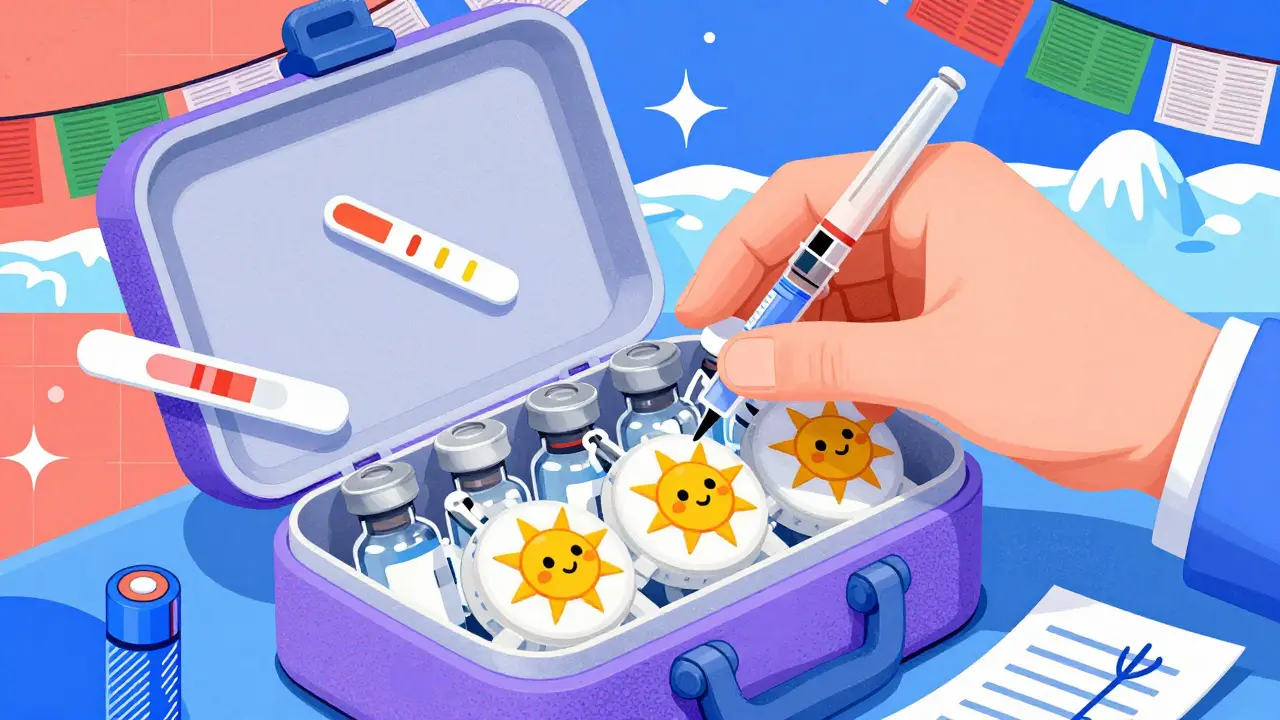 Hand placing insulin vials into an insulated case with smiling hand warmers and medical supplies in Memphis style.