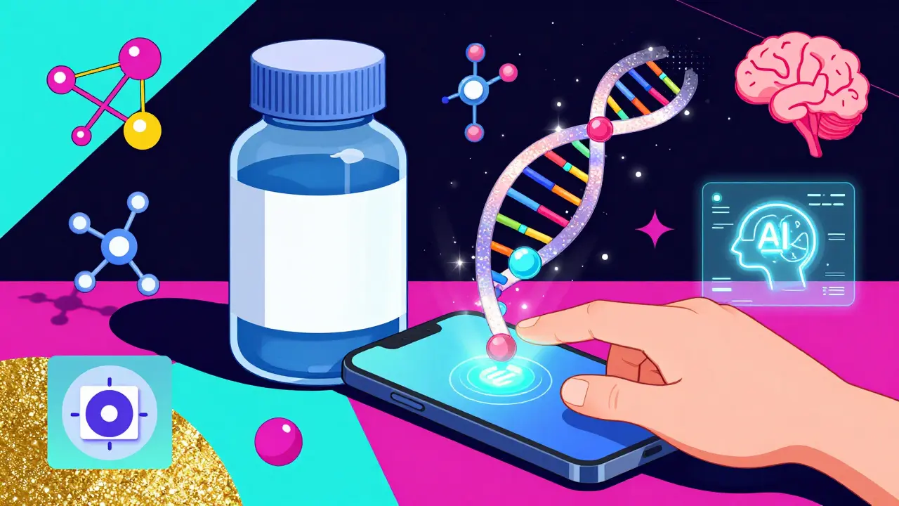 Hand tapping a smart pill bottle that emits glowing molecular taggants and tech icons