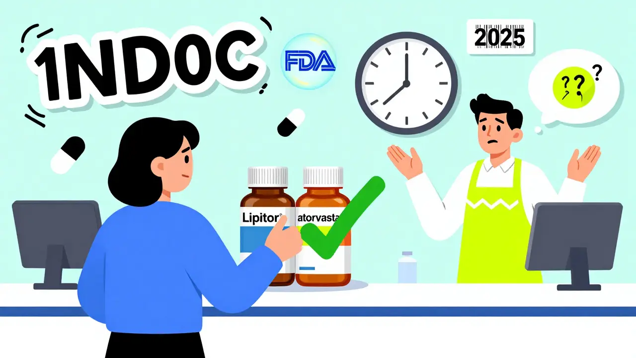 Patient comparing two prescription bottles with a giant checkmark, floating NDC code above.