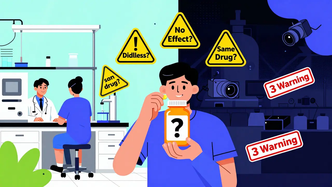 Patient holding a pill with question marks around it, split scene showing clean U.S. lab vs. shadowy foreign factory.