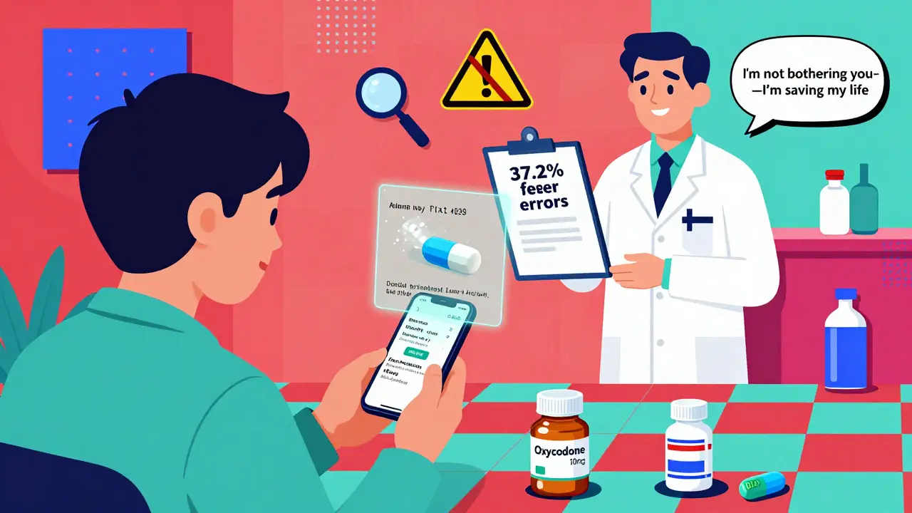 Patient scanning pill bottle with phone, projecting hologram of pill and expiration date in colorful tiles.