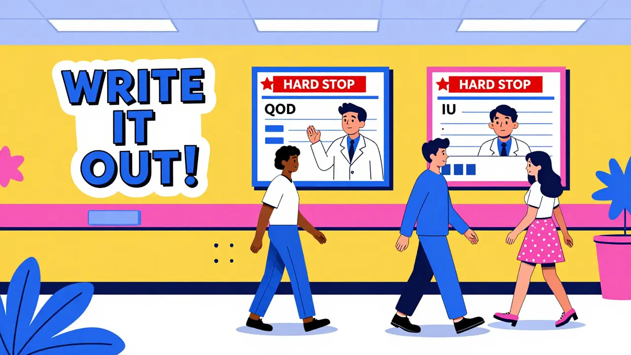 Patients walk past 'WRITE IT OUT!' stickers as EHR screens block dangerous medical abbreviations.