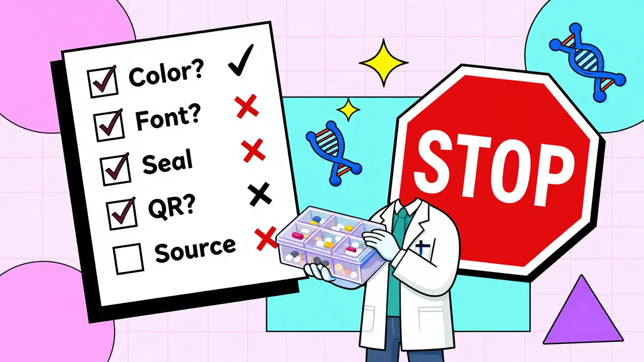 Pharmacist comparing real and fake medicine boxes with floating checklist and molecular stars.