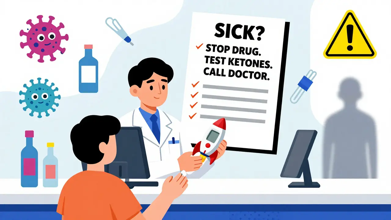 Pharmacist giving a ketone meter rocket to patient with warning checklist and floating danger icons.