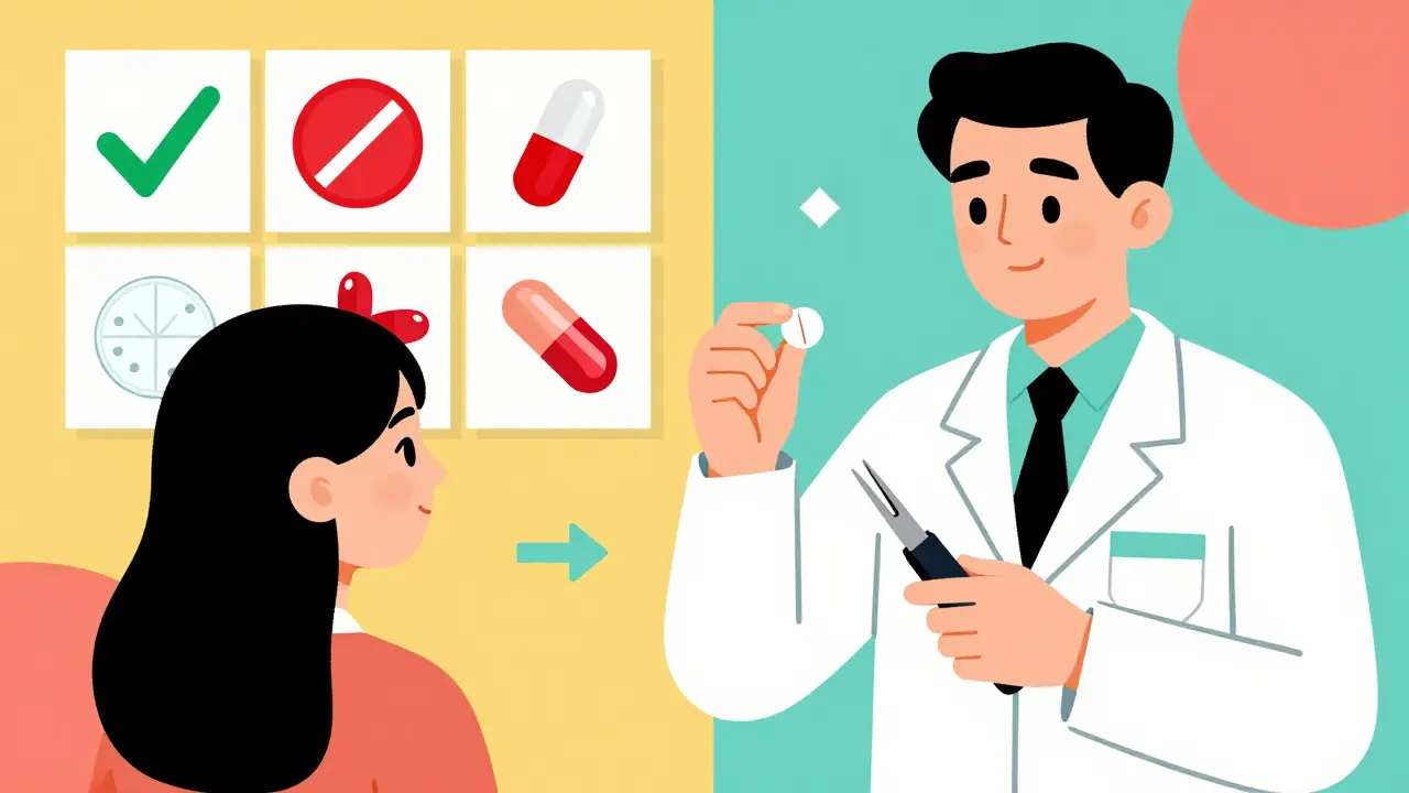Pharmacist showing correct pill-splitting method with visual guide of safe and unsafe pills.