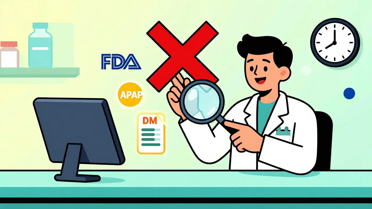 Pharmacist using magnifying glass to reveal hidden drug ingredients, with FDA clock and red X, Memphis design.