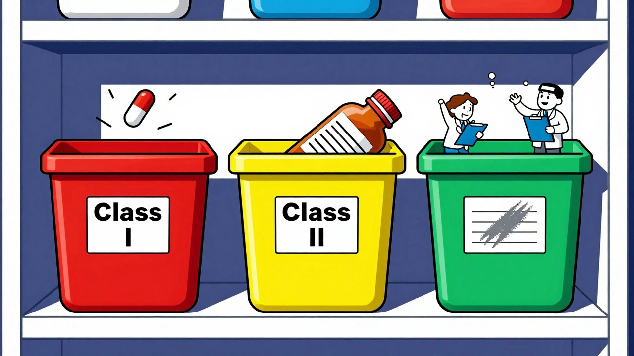 Pharmacy shelf with three colored bins for drug recall classes, geometric cartoon style
