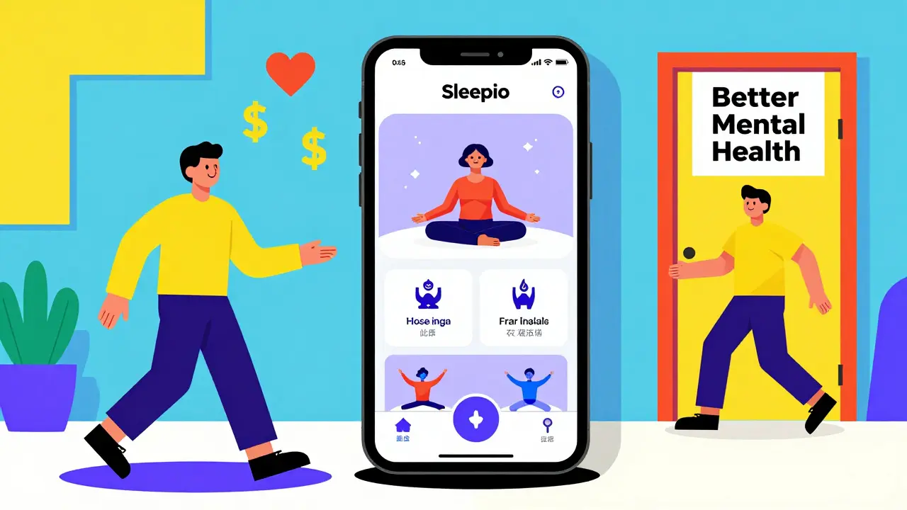 Phone displaying Sleepio app with geometric characters, leading to improved mental health.