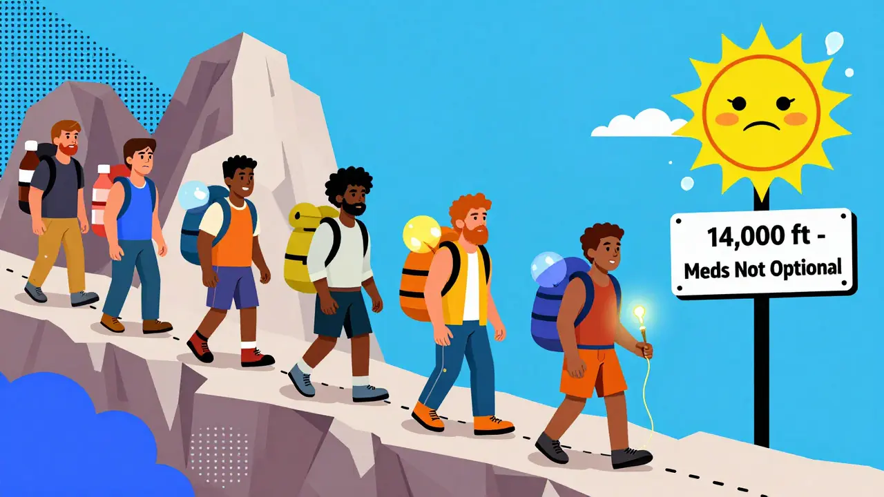 Pilgrims trekking up a geometric mountain with glowing emergency gear and bold warning signs in bright Memphis colors.