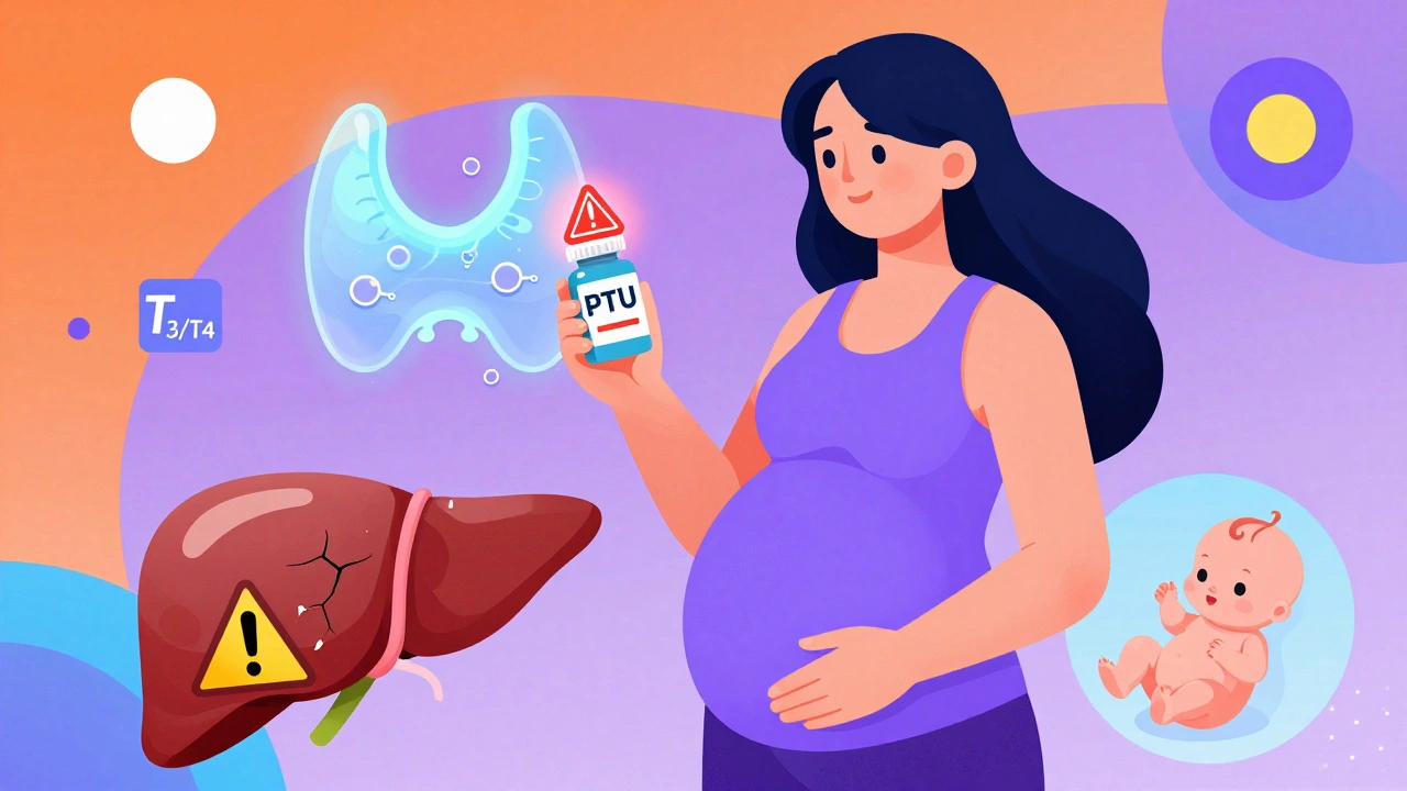 Pregnant woman with PTU pill and warning signs, glowing thyroid and liver damage icons in abstract Memphis style.