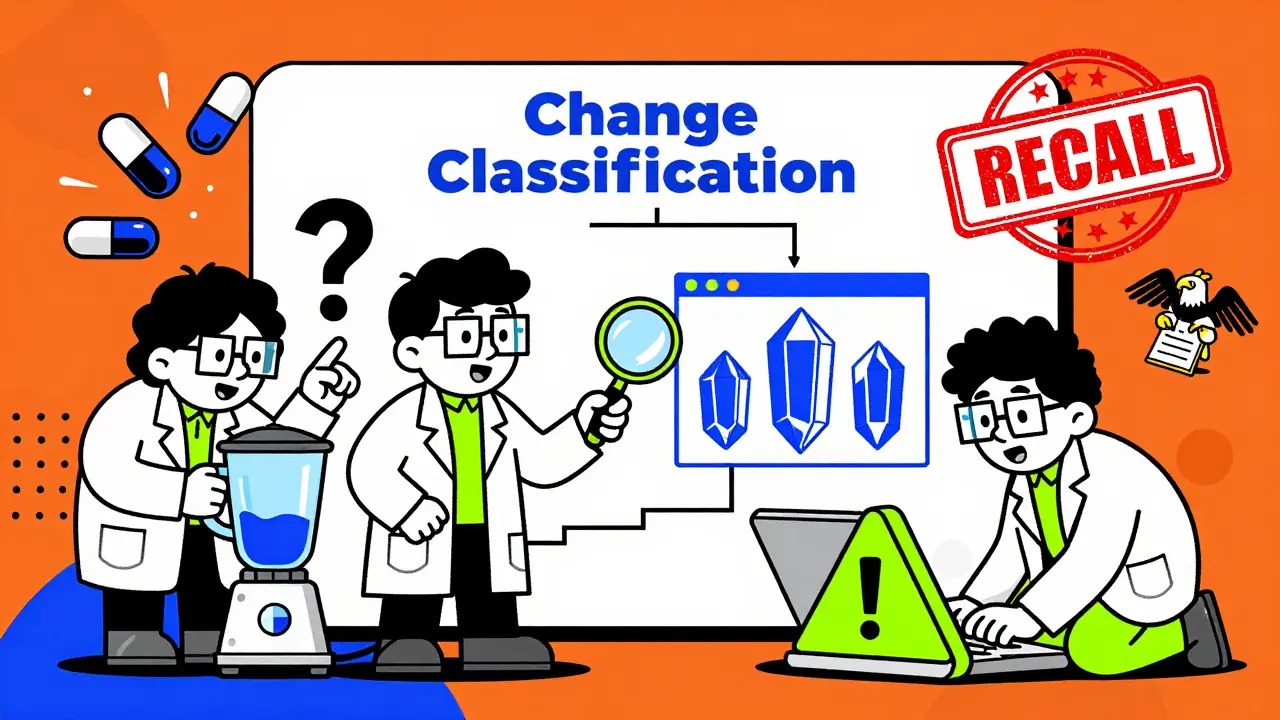 Quirky scientists analyzing a change classification flowchart with floating warning signs and exploding pills in bold geometric style.