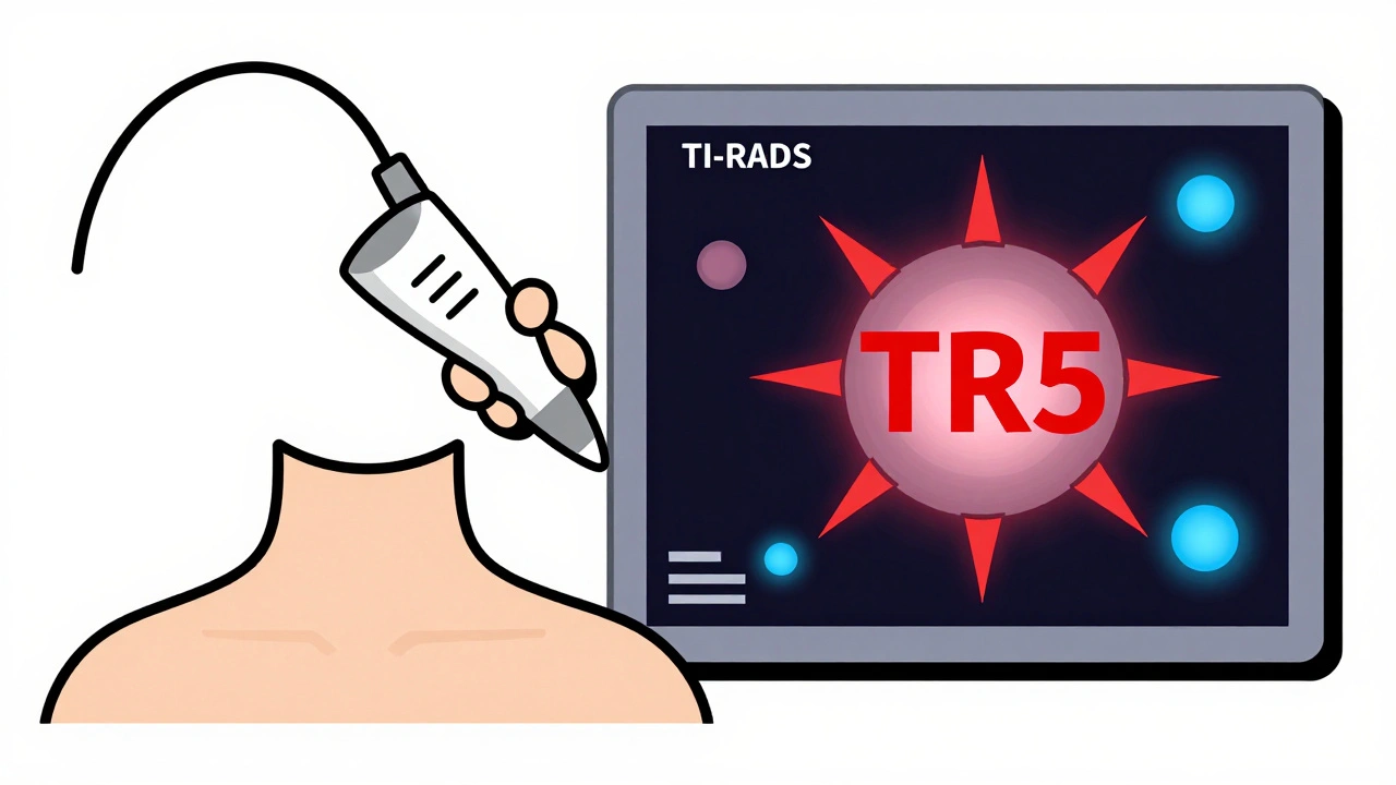 Radiologist using ultrasound probe with TI-RADS score glowing on screen in bold geometric style