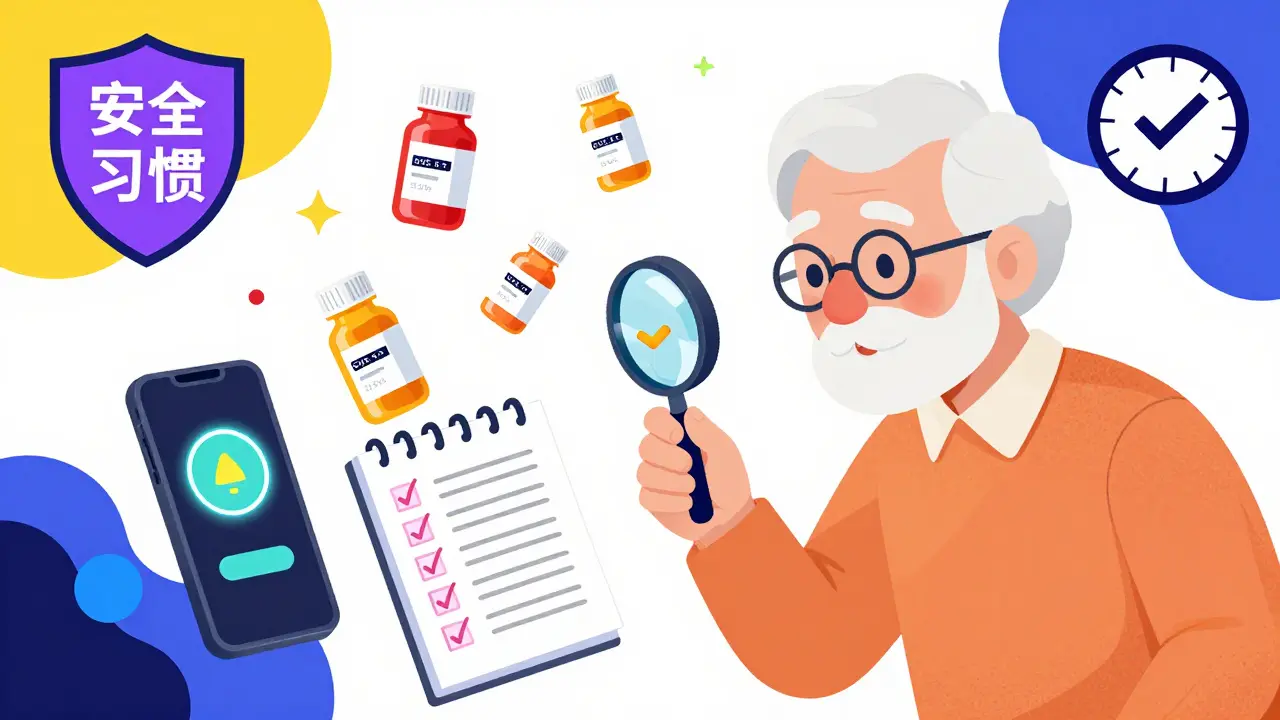 Senior person checking pills against floating bottle labels, with alarm and logbook nearby in bold patterns.