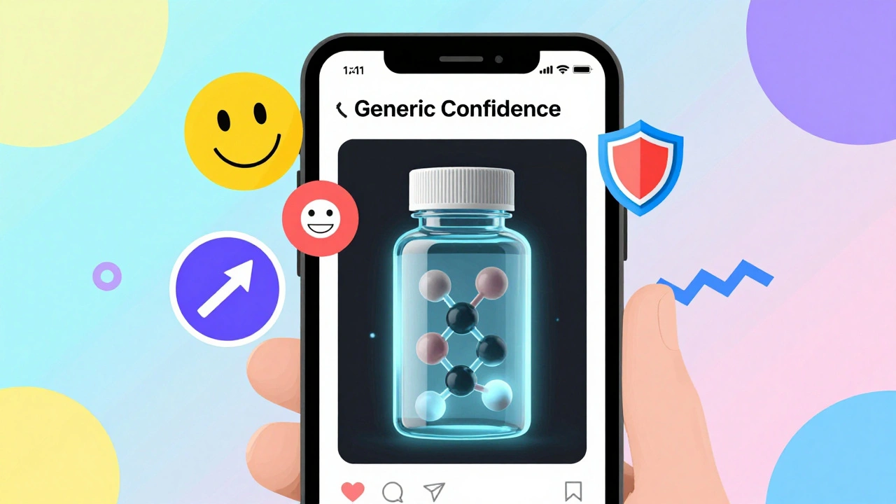 Smartphone app showing AR comparison of generic and brand pills with glowing molecules and happy icons in abstract shapes.