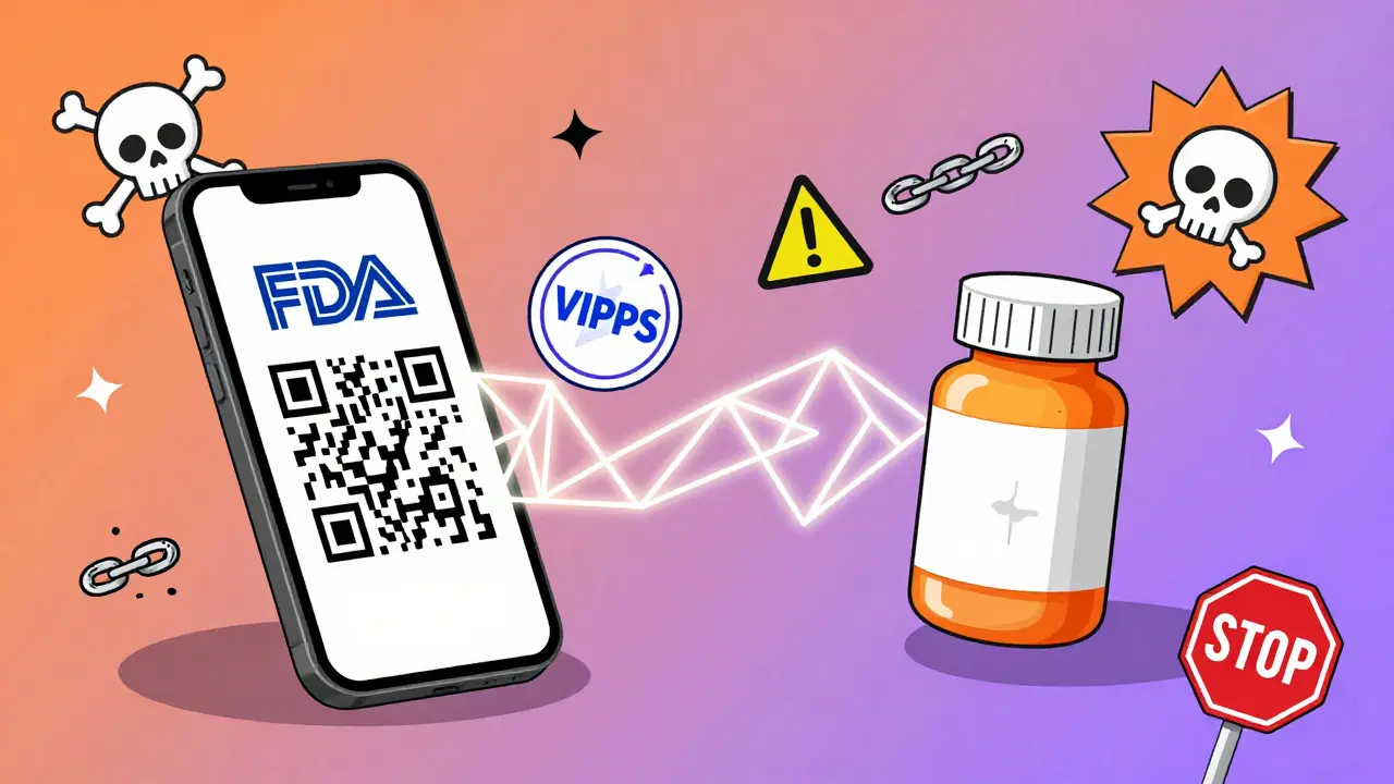 Smartphone scanning a QR code on a pill bottle with VIPPS seal and warning icons nearby