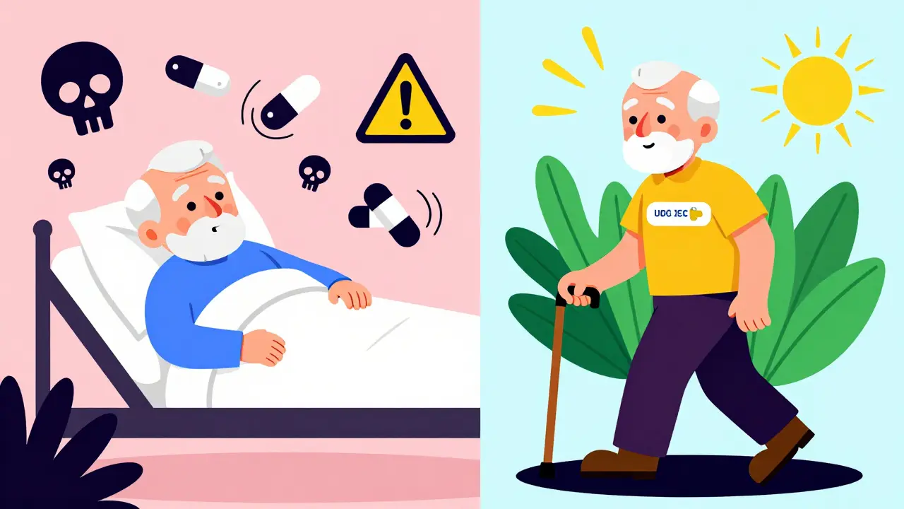 Split image: left shows danger from pills, right shows safe pain management with a patch and walking cane, in vibrant Memphis colors.