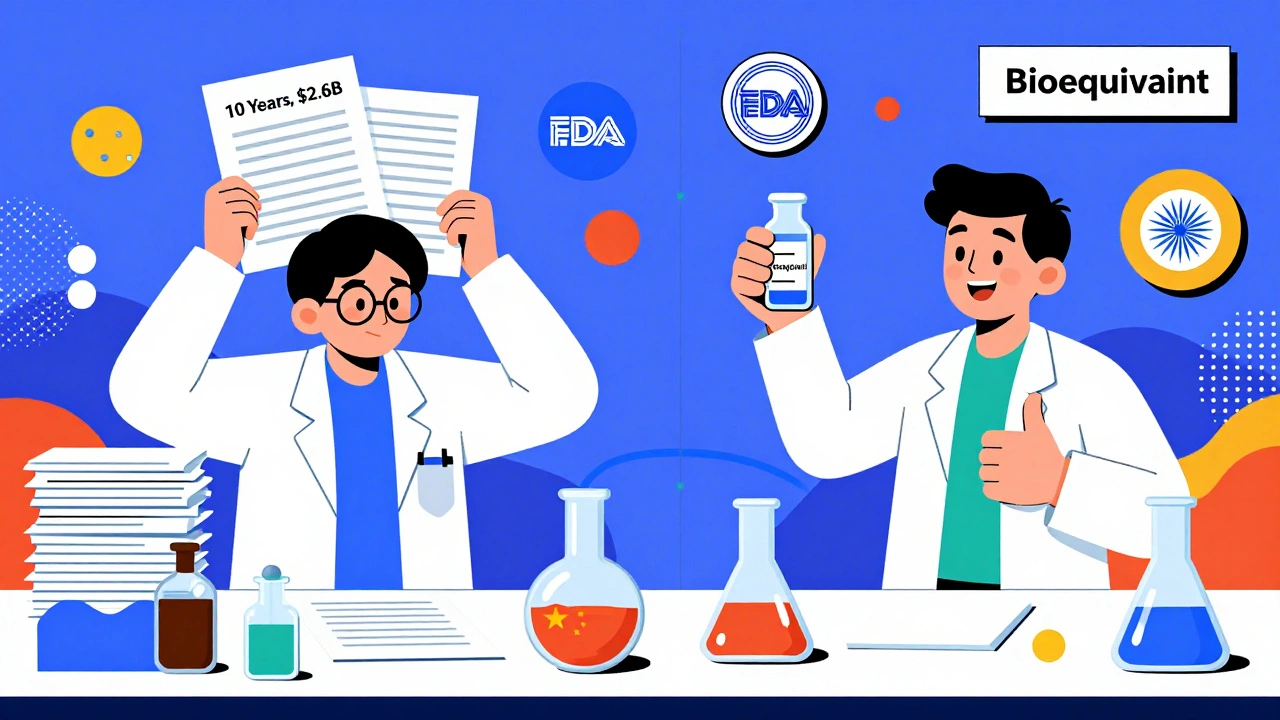 Split lab scene: one scientist overwhelmed by costs, another testing quickly, with geometric waves and FDA badges.