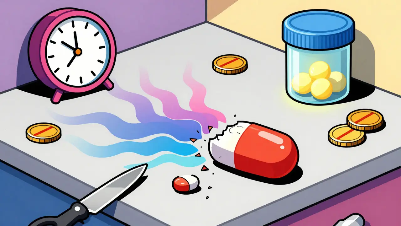 Split pill losing potency over time, with unsafe tools marked by red Xs and safe storage container glowing.