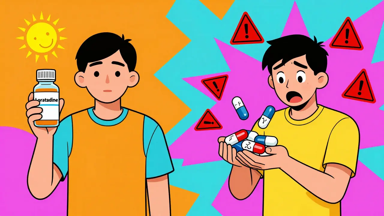 Split scene: one person with one safe pill vs. another overwhelmed by dangerous combo meds, Memphis style.