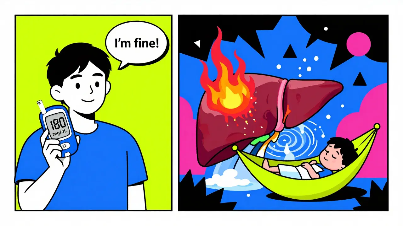 Split scene: patient thinking they're safe while internal body explodes with ketone storms in abstract style.