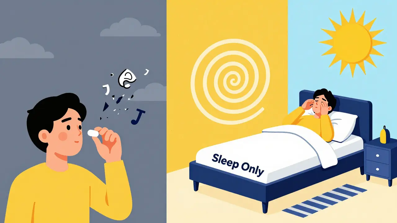 Split scene showing pill use vs. calming CBT-I techniques in vibrant abstract bedroom.