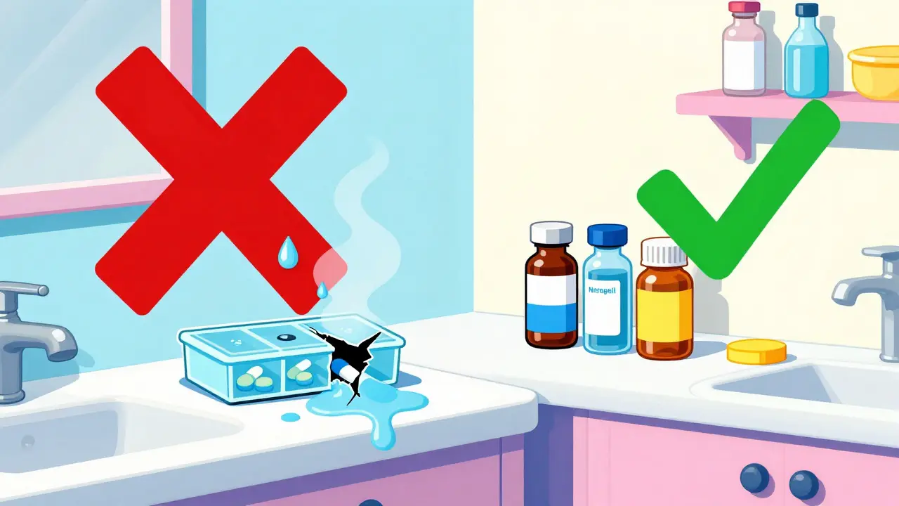 Steamy bathroom with melting pill box versus safe shelf with insulin and nitroglycerin bottles.