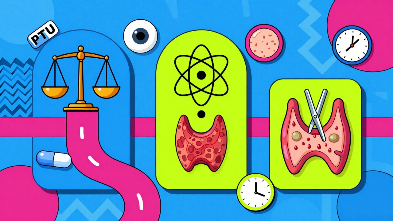 Three abstract treatment paths for Graves&#039; disease: pill, radiation, and surgery, with eye and skin symptoms in bold geometric shapes.