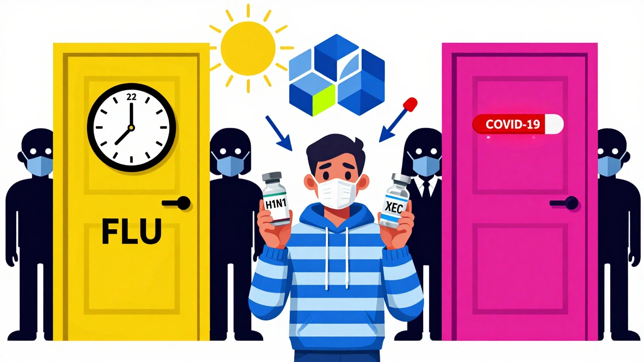 Two isolation doors with clocks and test strips, a person holding vaccines, and geometric masks in vibrant Memphis Design style.