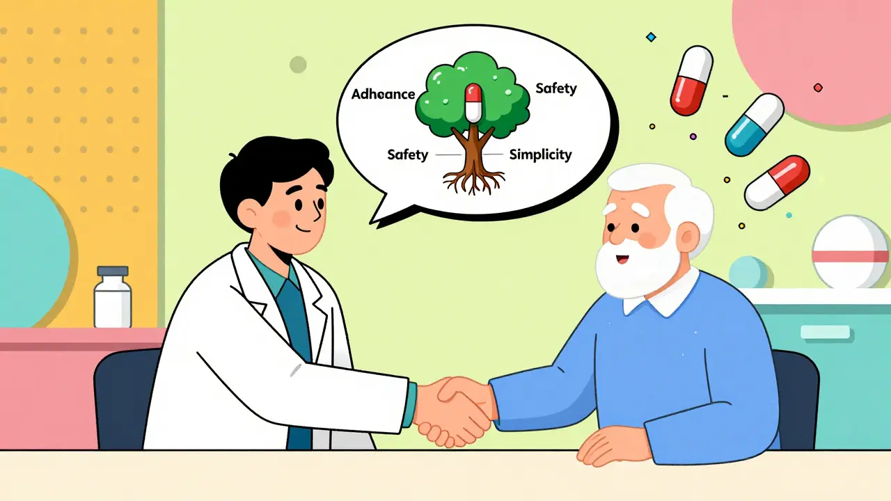 A doctor and senior shaking hands with a pill turning into a tree, surrounded by dissolving pills.