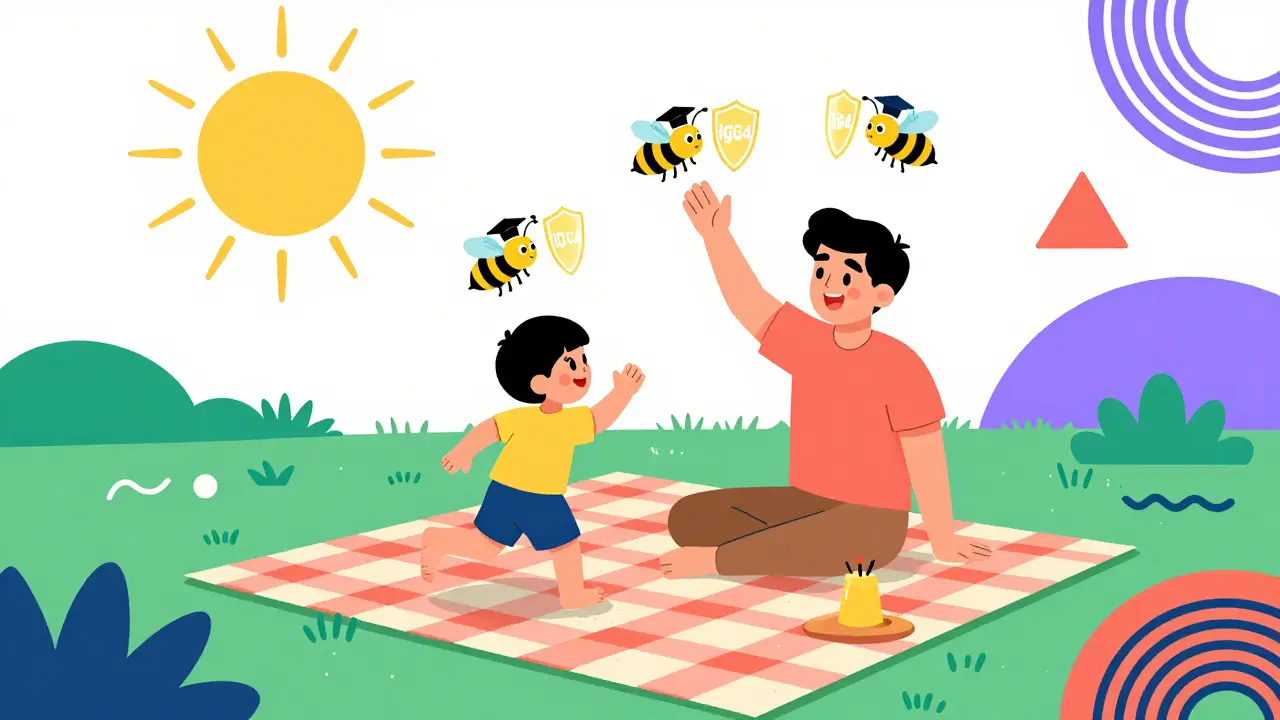 A family picnicking happily on grass, with cartoon wasps waving goodbye as protective shields float above.