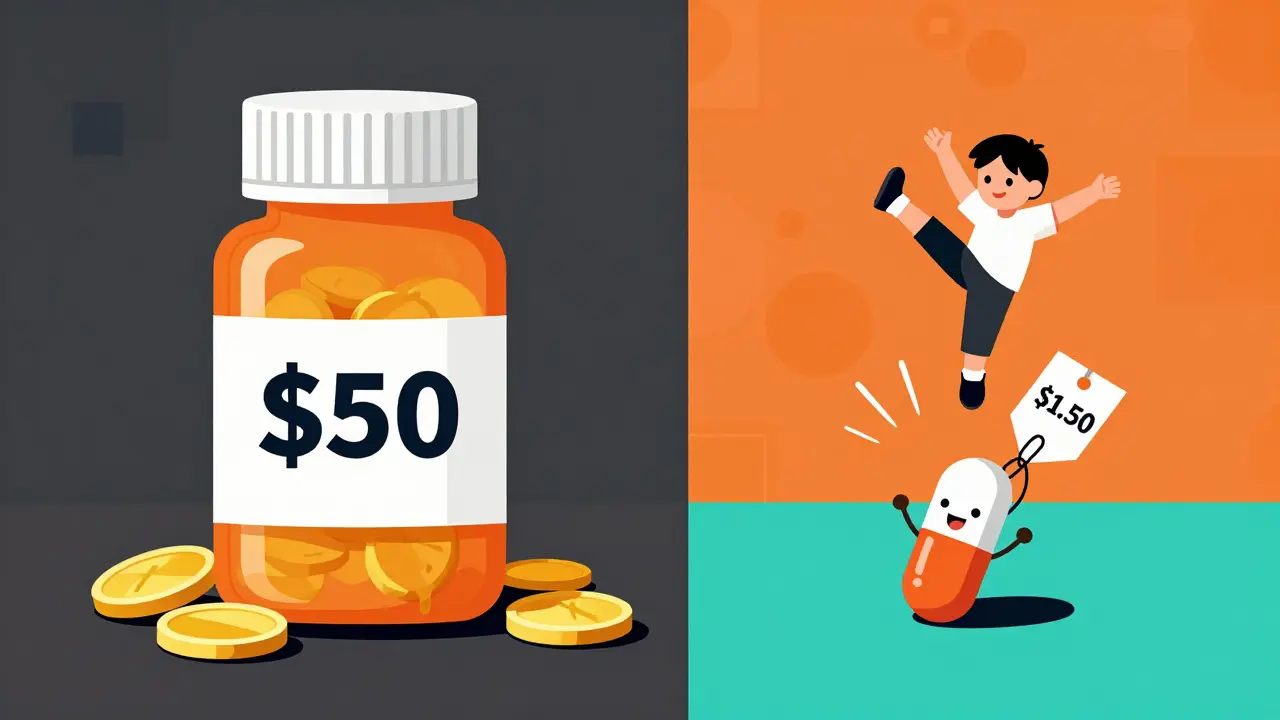 A giant expensive pill vs. a small affordable pill lifting a child, in contrasting Memphis-style colors.