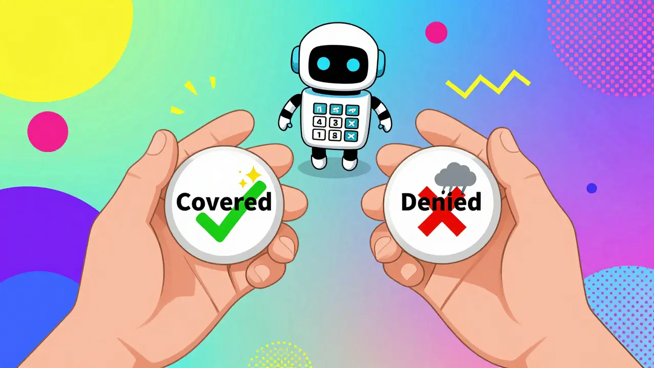 A patient comparing two identical generics, one covered and one denied, with an AI observer in a bold geometric setting.