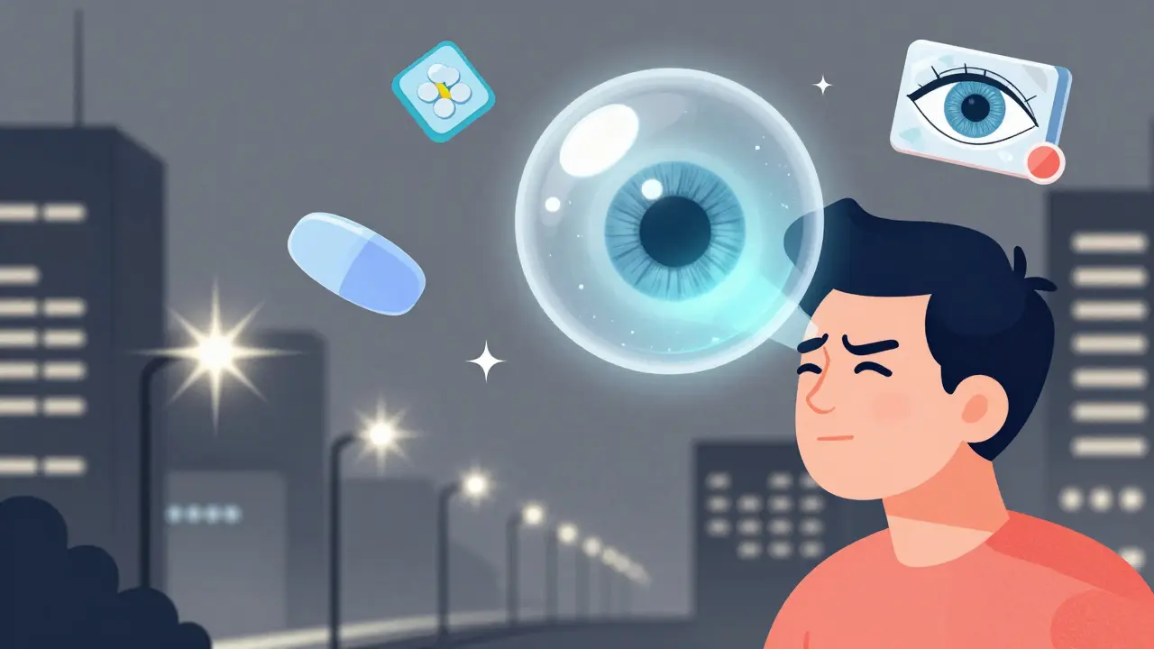 A person at night seeing blurred lights, with a floating scleral lens above their eye creating a clear bubble of vision in geometric style.