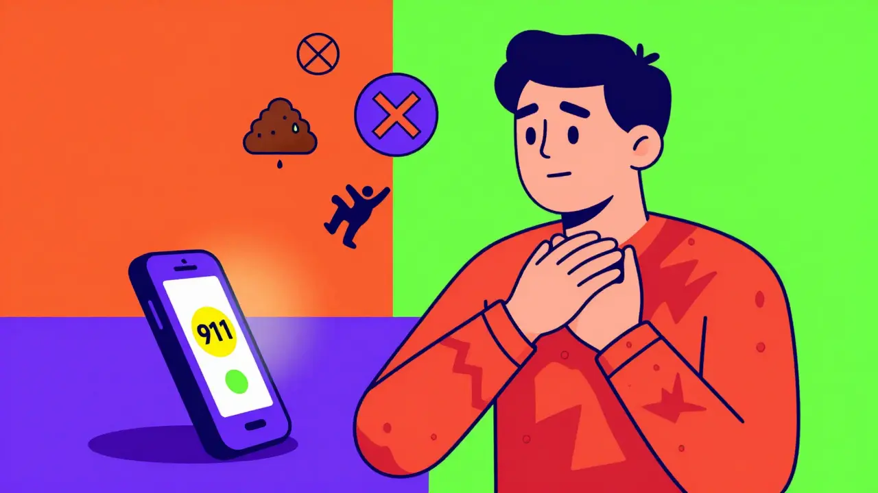 A person experiencing severe allergic reaction with spreading rash and emergency phone glowing in bold colors.