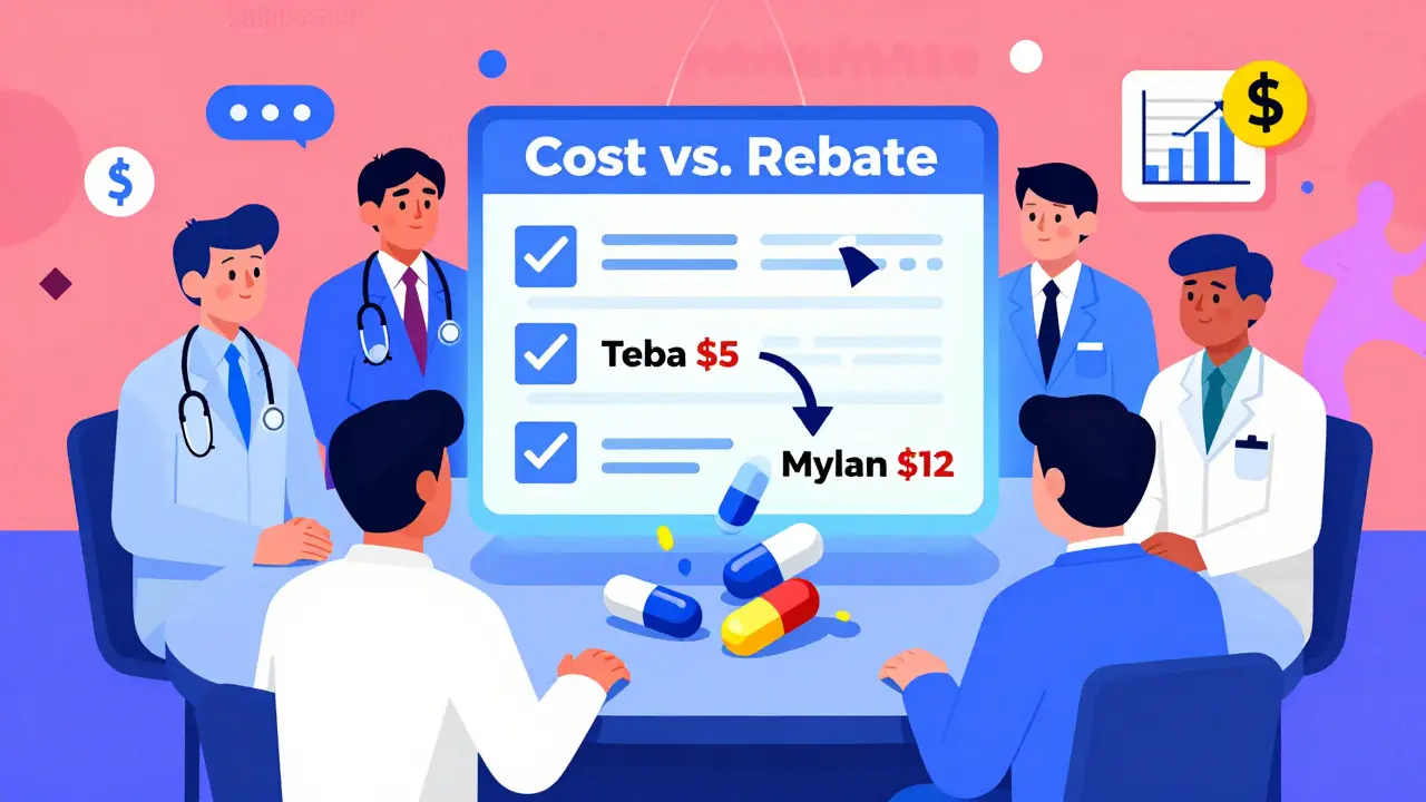 A whimsical committee of stylized medical professionals evaluating cost-rebate spreadsheets with floating pill icons.