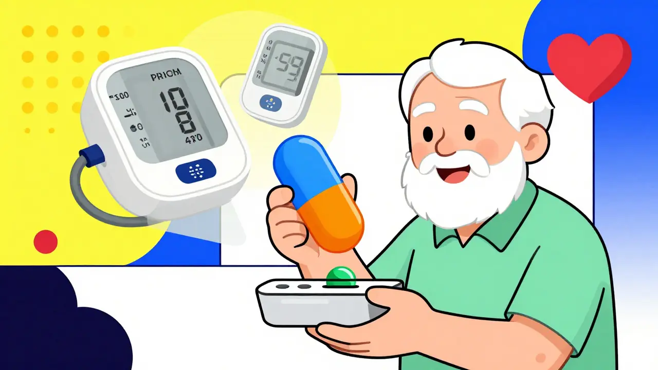 An elderly person holding a colorful three-segment pill above an empty pill organizer with only one slot used.