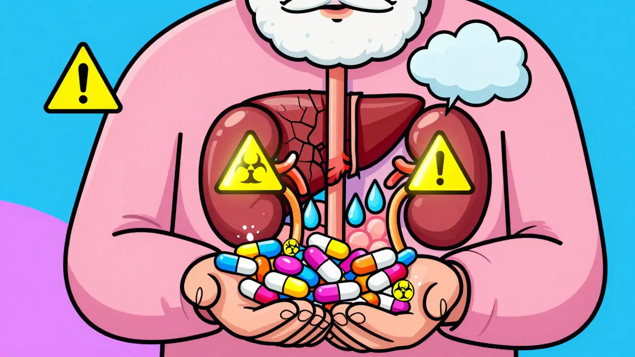 An elderly person surrounded by many pills, with internal organs showing warning signs in geometric patterns.