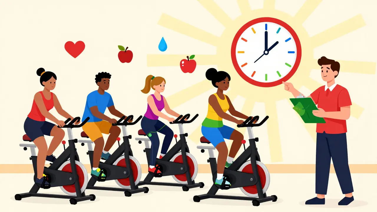 Diverse group exercising in rehab center with floating health icons and geometric sunburst lighting.