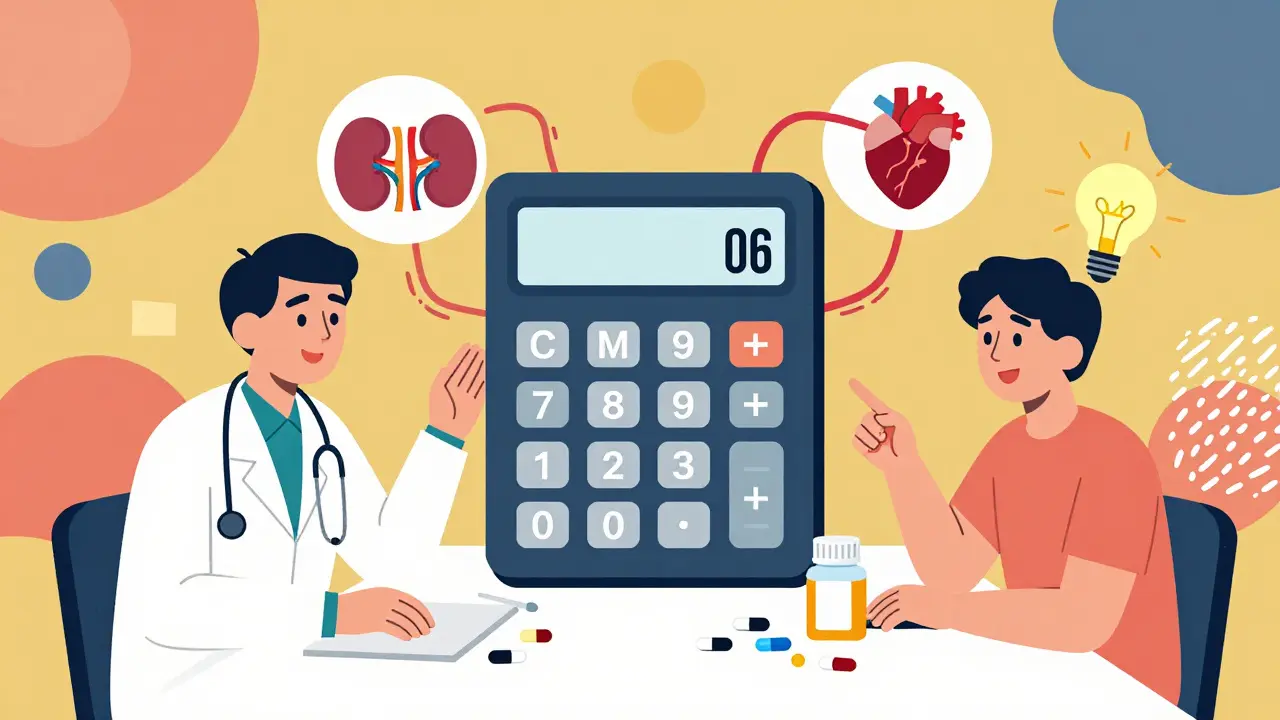 Doctor and patient at table with pill calculator and health icons in bold Memphis colors.