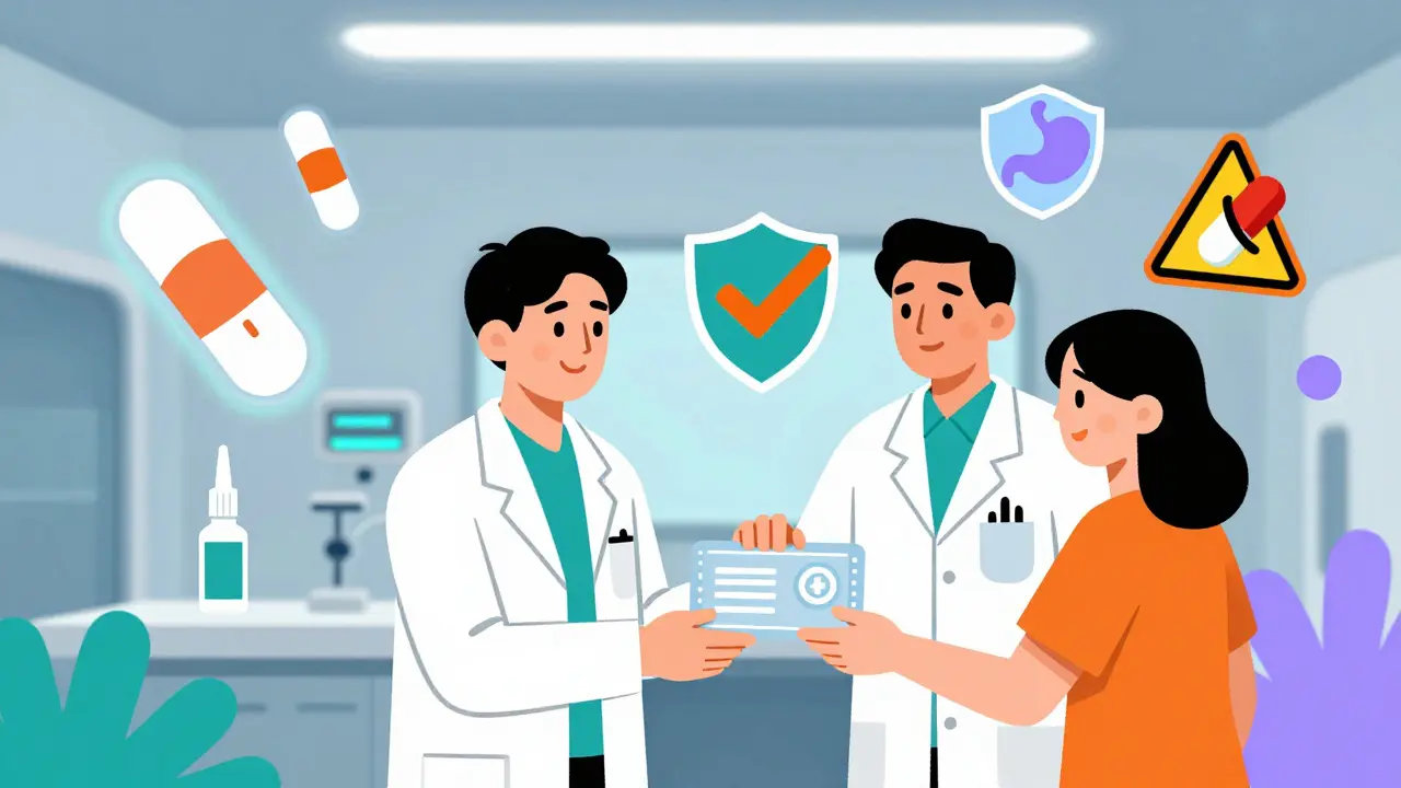 Doctor and patient exchanging a coated pill, with futuristic drug delivery methods glowing in background.