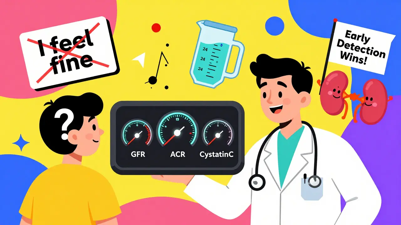 Doctor holding kidney health dashboard with eGFR, ACR, and cystatin C gauges in Memphis style.