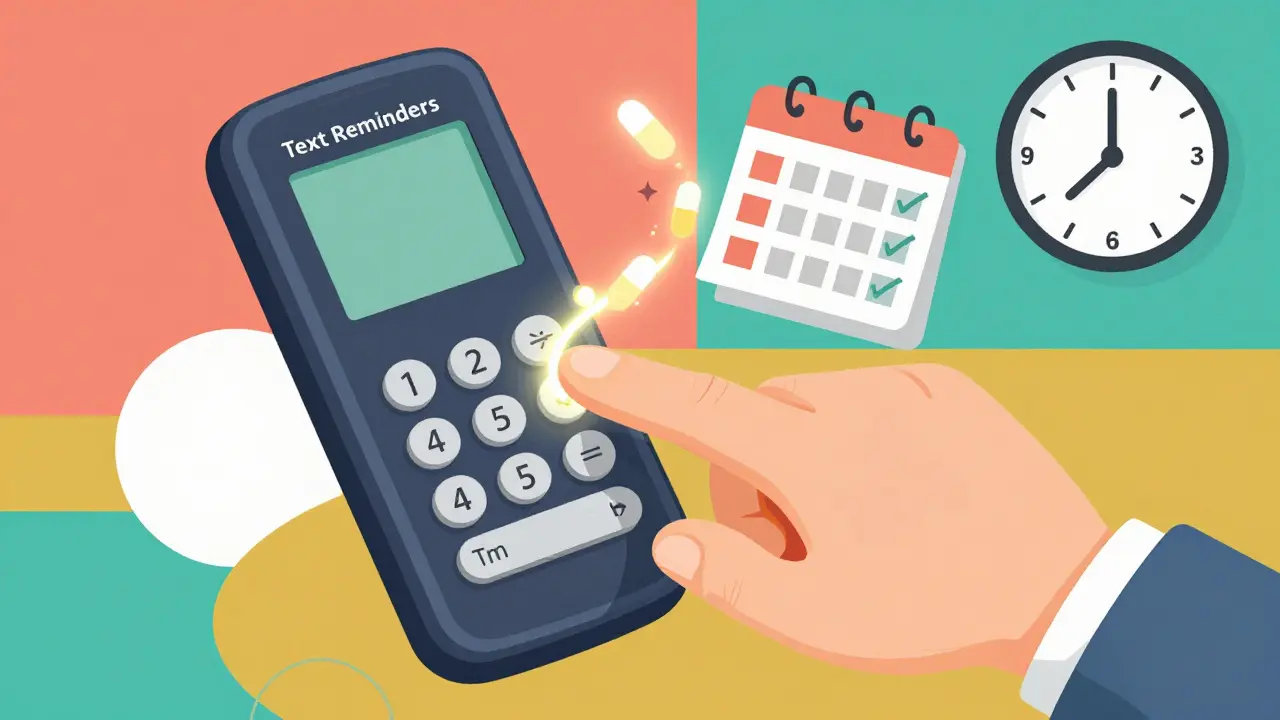 Elderly hand activating text reminders with pill path leading to a calendar