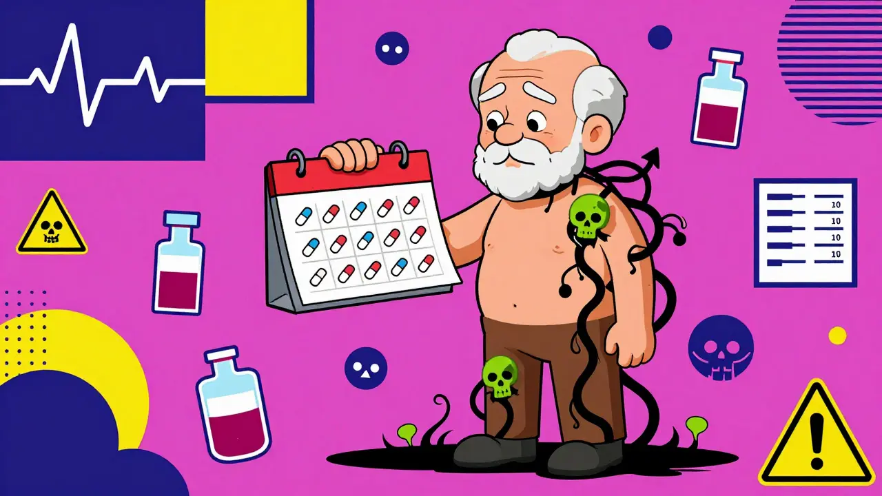 Elderly person with growing toxic vines rising from feet, surrounded by medical icons.