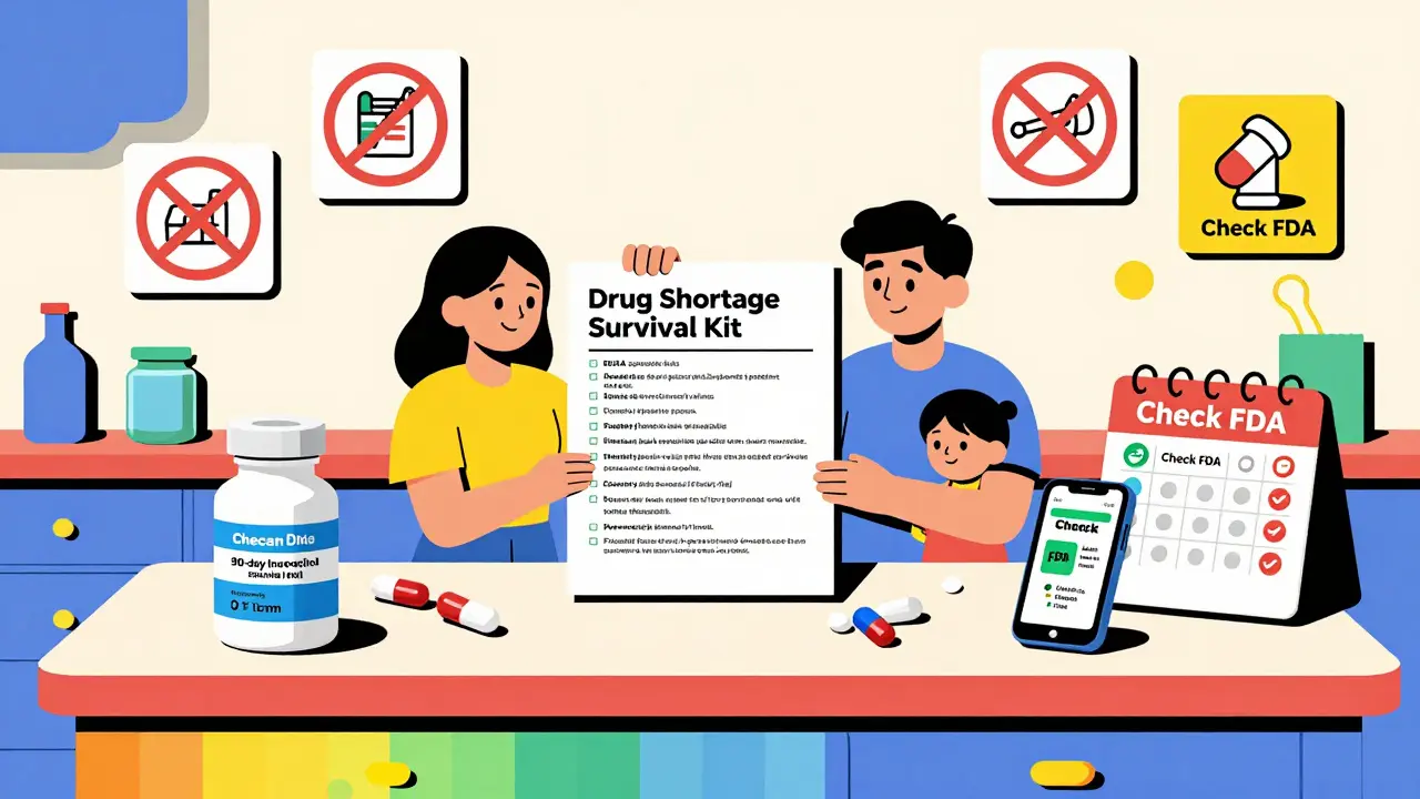 Family building a drug shortage plan with insulin, checklist, and calendar.