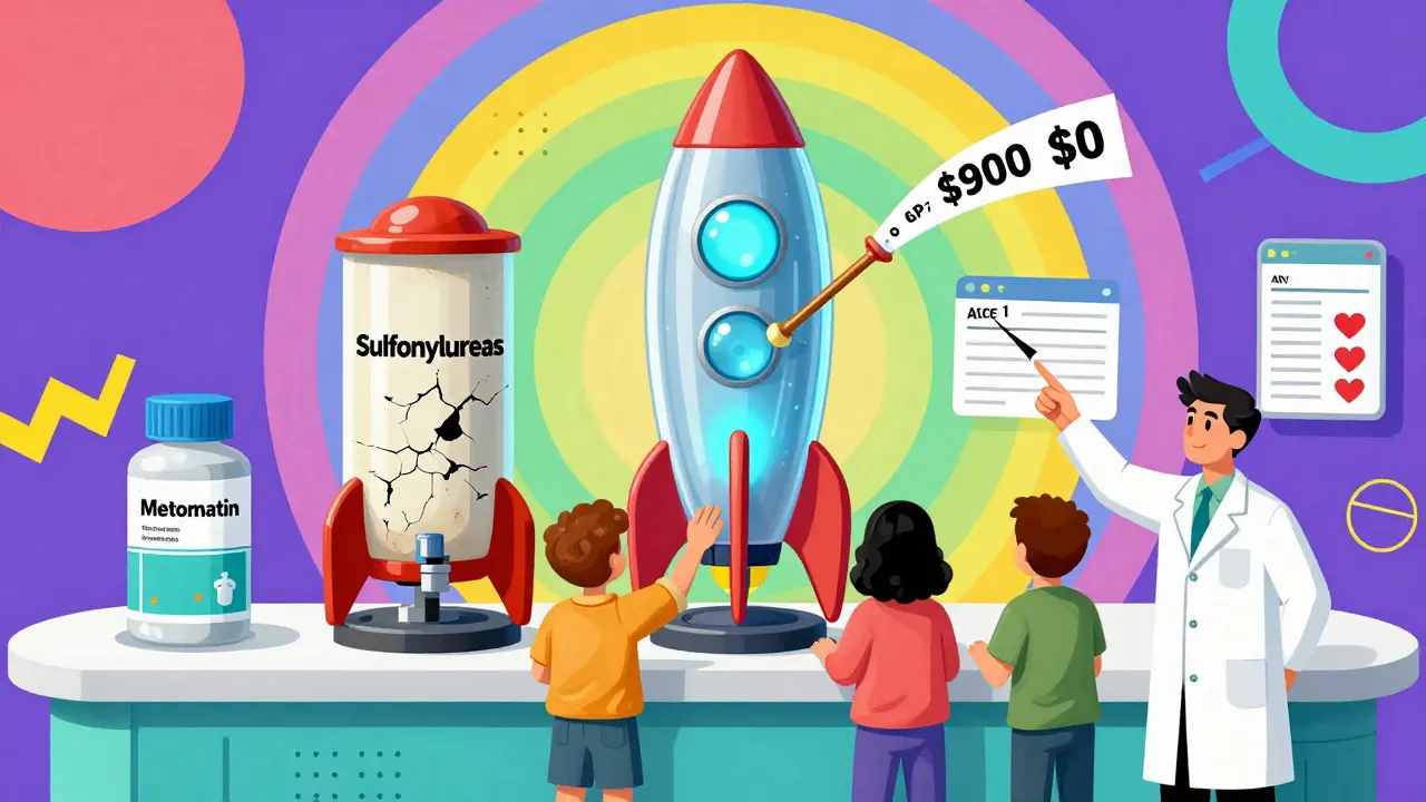 Futuristic pharmacy with three drug dispensers: small metformin, broken sulfonylureas, glowing GLP-1 rocket with price changing from 0 to <h2>What’s Next?</h2>.