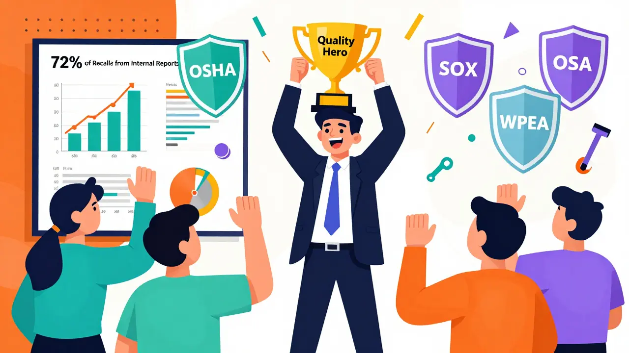 Manager giving a 'Quality Hero' trophy to a worker while coworkers celebrate with protective shield icons.