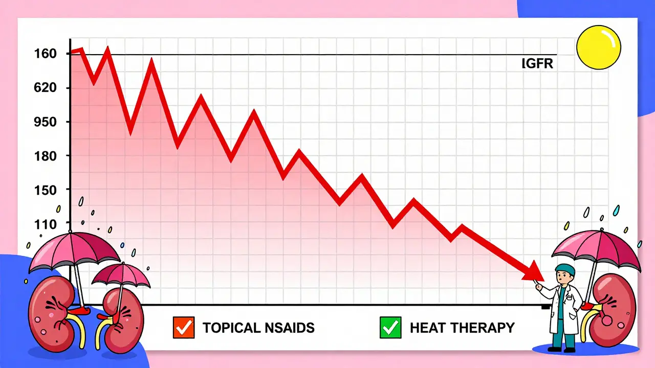 Medical chart with rising creatinine and falling eGFR, contrasted with safe pain relief options.