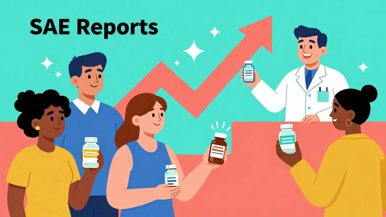 Patients and pharmacist celebrating accurate generic drug reporting with glowing manufacturer names and a rising report graph.