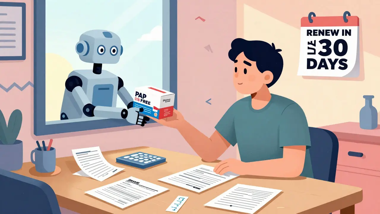 Person applying for free medication assistance with documents and automated delivery.