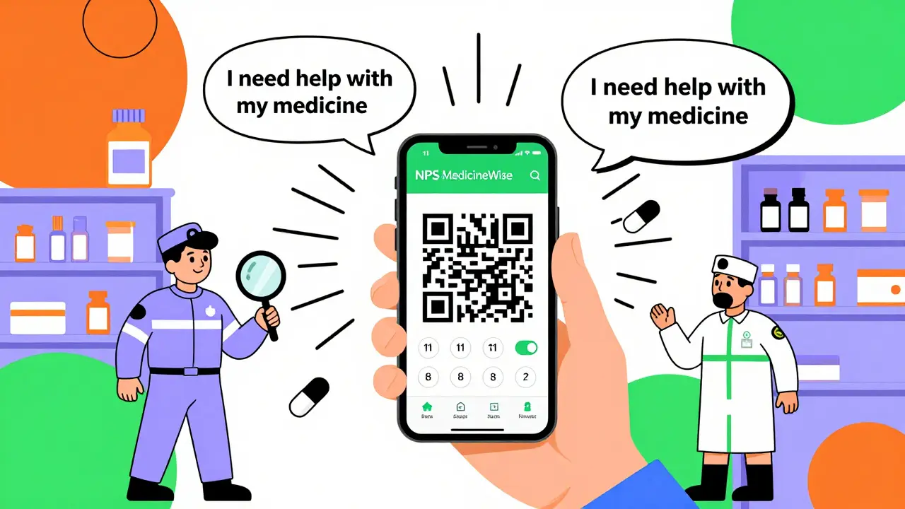 Person showing a multilingual app on smartphone to paramedics with floating medical phrases.